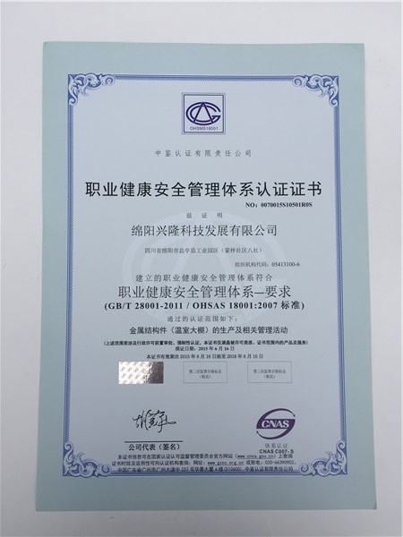 職業(yè)健康安全管理體系認證證書